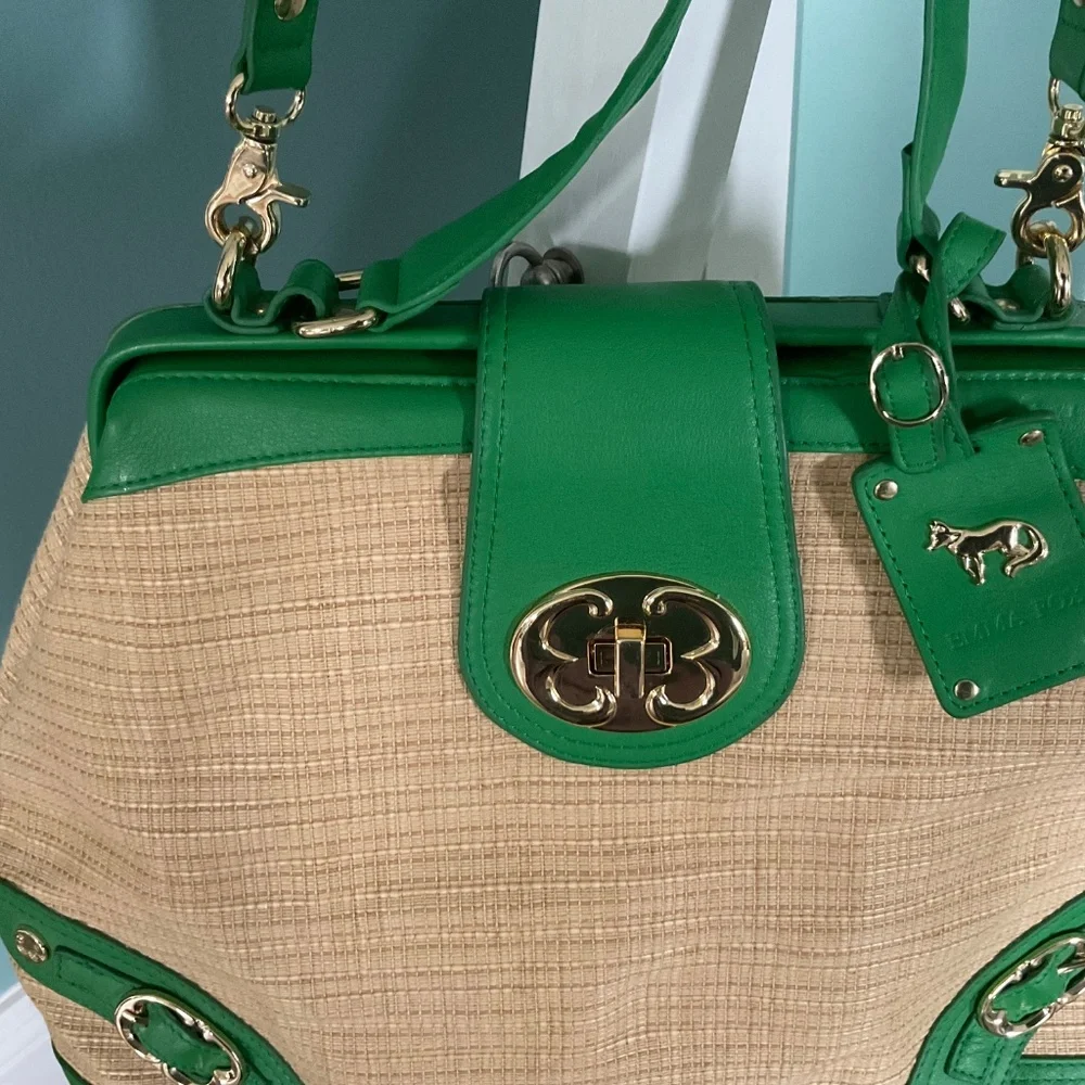 Emma Fox Newport Green Leather & Natural Woven Linen Blend Crossbody Satchel Bag